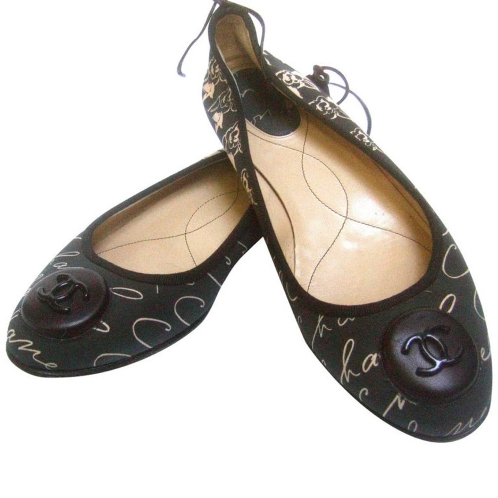 Vintage Chanel Mademoiselle Black Script Ballet Flats